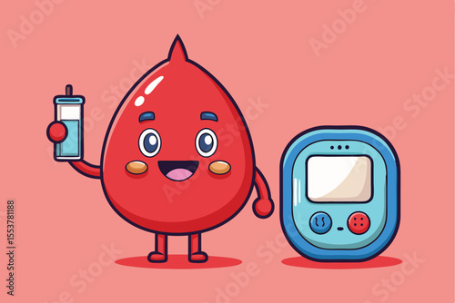 Cartoon character representing a blood drop happily measuring glucose with a device, promoting health awareness for diabetic individuals at home