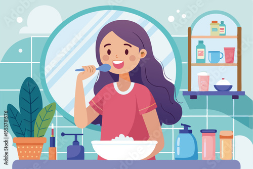 Beautiful girl brushing her teeth happily in a bright bathroom with colorful shelves and plants around, creating a cheerful morning atmosphere
