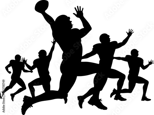 american football players, silhouette, catch, catching, jump, jumping, ball, sport, team,  vector