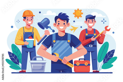 Vector illustration showcasing three plumber workers engaged in various activities outdoors with tools and equipment during a sunny day