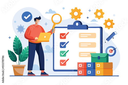 Remote worker unlocking achievements through task management and productivity tools in a modern workspace with plants and icons representing success