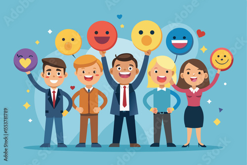 Employee satisfaction concept illustrated with cartoon characters holding happy emoji balloons to express positivity in the workplace