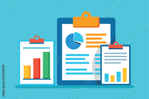 Chart analysis and data presentation with clipboards illustrating various metrics and information for effective decision making in a workplace setting