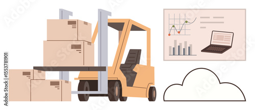 Forklift carrying boxes, business analytics on chart with laptop, and cloud shape. Ideal for logistics, supply management, warehousing, data-driven insights, automation, business operations