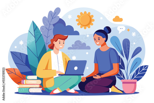 Counseling session focused on mental health challenges with two individuals engaging in discussion and support in a serene environment surrounded by plants and nature