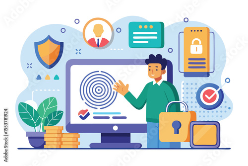 Biometric authentication concept showcasing a user-friendly interface with digital security features and fingerprint scanning elements illustrating enhanced safety measures and technology usability