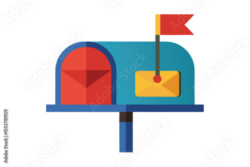 Colorful geometric mailbox icon with a flag and postal elements ideal for digital branding and communication visuals