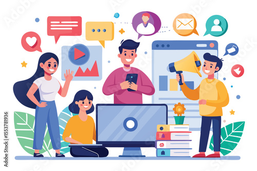 Digital marketing strategy for social media followers in a collaborative workspace with diverse individuals and engaging visual elements