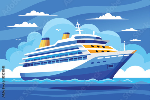 Cruise ship gliding smoothly across calm ocean waves under a bright blue sky and scattered clouds during a sunny day at sea