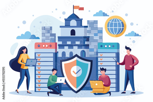 Three individuals provide security for servers in a digital environment while working on laptops and monitoring data