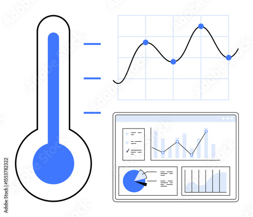 Thermometer gauge paired with line graph and data dashboard presenting analytics and metrics. Ideal for performance tracking, data analysis, metrics, business planning, reporting, strategy, simple