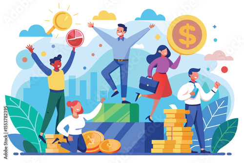 Characters celebrating financial success while enjoying the benefits of passive income in a vibrant urban setting