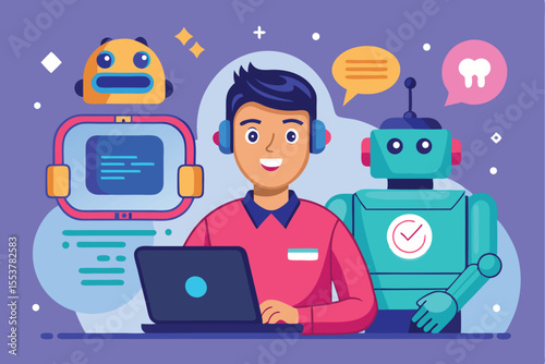 Vector illustration of a man interacting with chatbot and artificial intelligence in a colorful digital workspace
