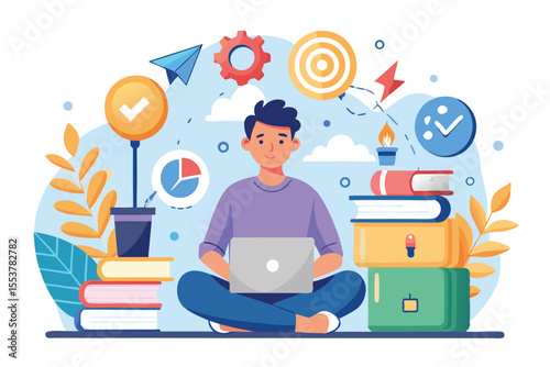 Self development and improvement theme illustrating a young man working on a laptop surrounded by books, charts, and motivational symbols in a vibrant and uplifting environment