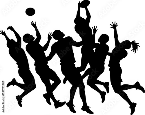 american football players, silhouette, catch, catching, jump, jumping, ball, sport, team,  vector