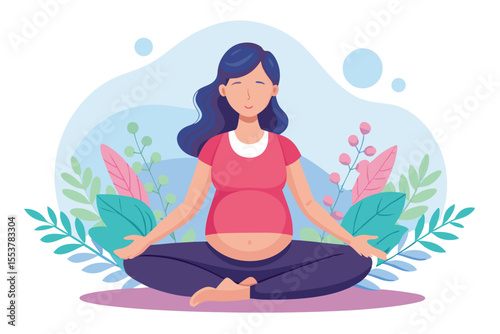 Pregnant woman practicing prenatal yoga for relaxation and wellness surrounded by calm floral elements in a peaceful setting