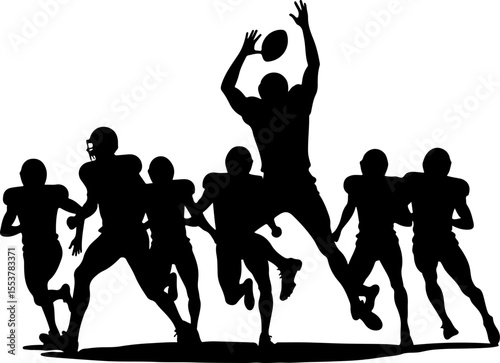 american football players, silhouette, catch, catching, jump, jumping, ball, sport, team,  vector