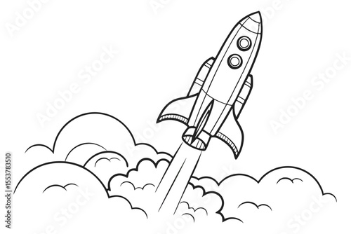 Space Rocket Launch Drawing on White Background