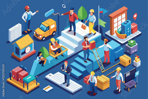 Explore a vibrant isometric vector illustrating individuals in various occupations engaged in diverse tasks within a dynamic urban environment
