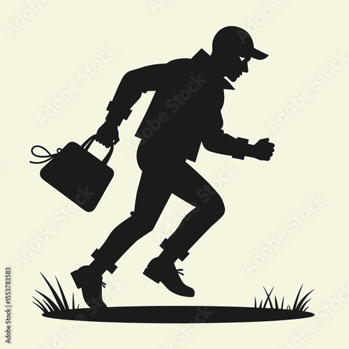 Man running with briefcase in silhouette on grass background  