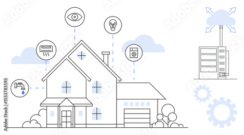 Modern house integrated with smart sensors for lighting, security, HVAC, and appliances linked to cloud management. Ideal for smart living, IoT, automation, energy efficiency, connectivity home