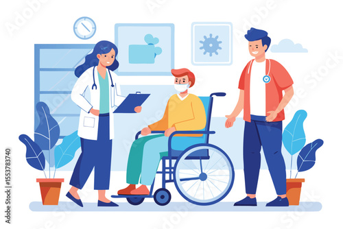 Female doctor provides care to patient in wheelchair within hospital environment during a routine check-up