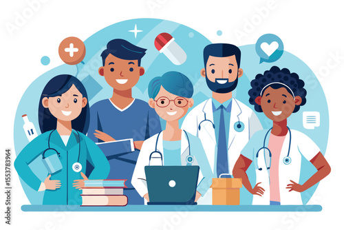 Diverse group of healthcare professionals collaborating in a modern clinic environment with a laptop and medical supplies