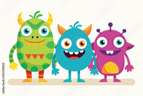Colorful funny cute monsters stand together with cheerful expressions in a vibrant setting filled with joy and creativity