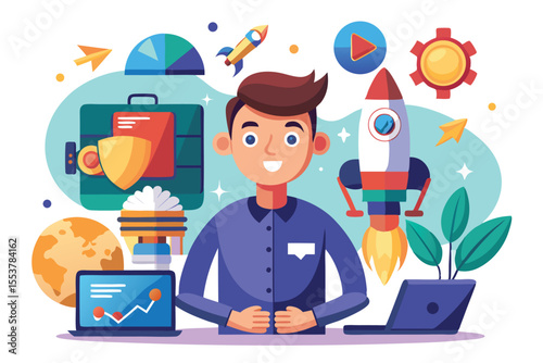 New startup project illustration featuring a character surrounded by technology elements and growth symbols in a creative workspace