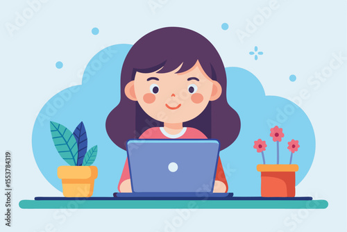 Sweet girl working diligently on a laptop with plants and flowers on a simple desk in a cozy indoor setting