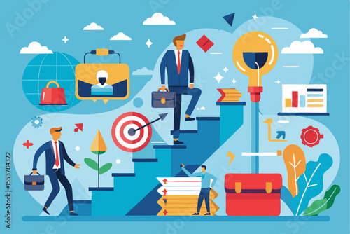 Business development concept showcasing career growth through strategic planning and goal setting with visual metaphors and creative illustrations