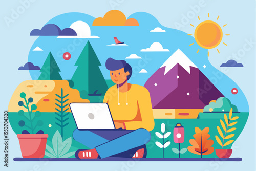 Outdoor workspace concept featuring a person working on a laptop surrounded by nature during the daytime