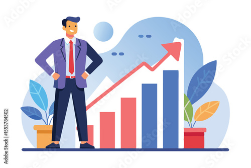Businessman stands proudly next to growth chart showing increasing trends in data and opportunities for success