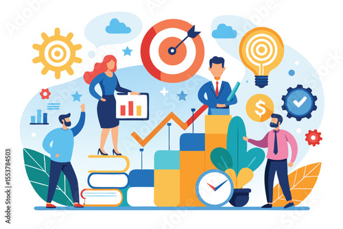 Success icon representing business development with professionals analyzing data and creating strategies in a creative workspace environment