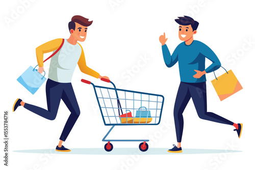 Men joyfully shopping with a cart in a vibrant store setting, enjoying their time while carrying shopping bags, showcasing an energetic atmosphere of retail engagement