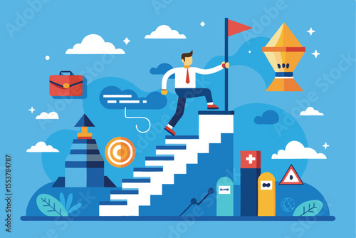 Overcoming challenges and obstacles while climbing steps towards success and achievement in a bright, animated world full of inspiration and motivation