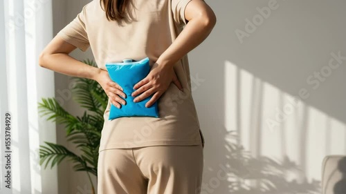 Woman holding reusable cold pack on lower back, pain relief therapy, copyspace