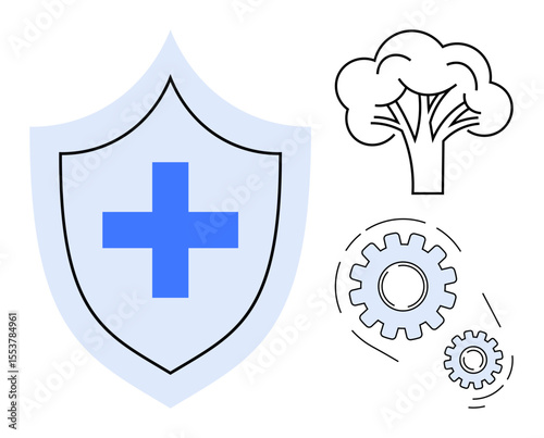 Shield with a blue medical cross symbolizes health protection, paired with a tree outline for sustainability, and gear wheels for process optimization. Ideal for health, nature, security, technology