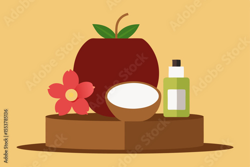 coconut shell pedestal with beauty products