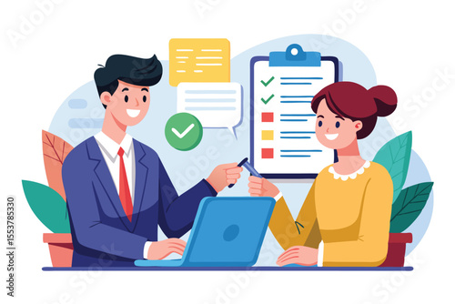 Employer meets job applicant at pre-employment interview in a modern office setting with documents and a laptop on the table