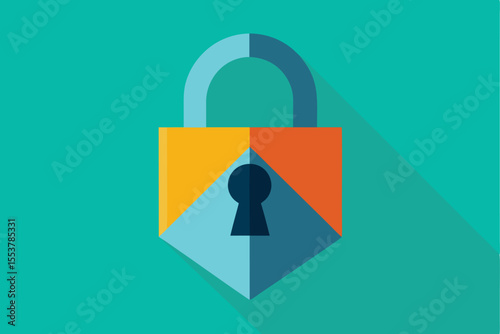 Geometric flat lock icon featuring a keyhole design with vibrant colors against a bright turquoise background representing security and protection