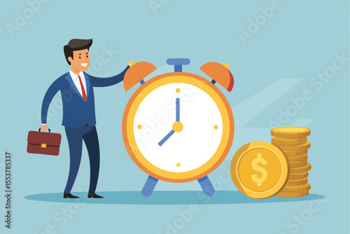 Businessman placing a coin on an open alarm clock symbolizing investment timing and financial planning
