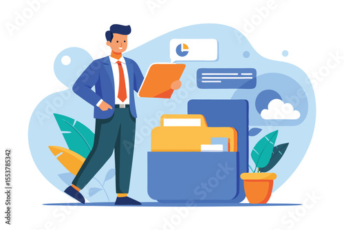 Tiny businessman proudly managing data backup inside a large folder with graphical elements and vibrant foliage in a modern office setting