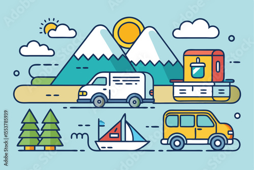 Collection of four line icons illustrating outdoor activities including mountain trips, boating, and road journeys in a scenic landscape
