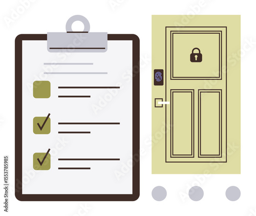 Clipboard with marked checklist beside locked door with smart access keypad. Ideal for organization, security, planning, productivity, task management, goal setting, simple flat metaphor