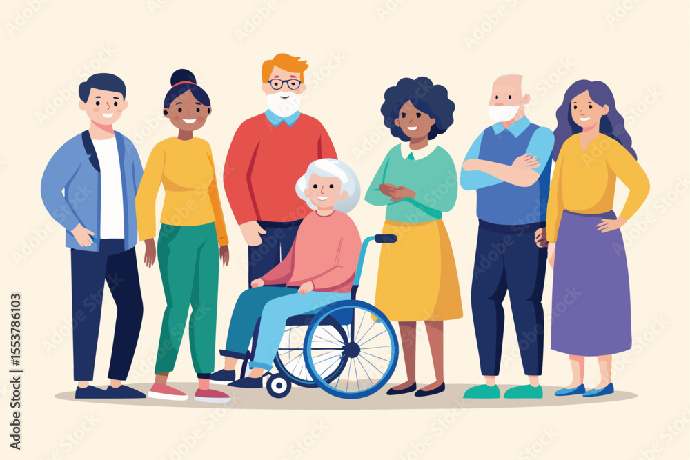 Fototapeta premium Group of elderly and young individuals with disabilities standing together, promoting inclusivity and community spirit in a supportive environment