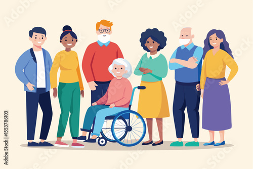 Group of elderly and young individuals with disabilities standing together, promoting inclusivity and community spirit in a supportive environment