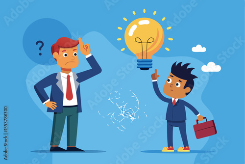 Confused businessman receives an innovative idea from a young boy during a brainstorming session in a bright office setting