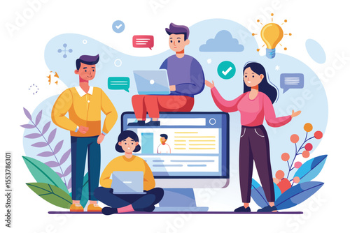 Flat design concept showcasing coworkers collaborating on a landing page with laptops and digital elements in a modern workspace