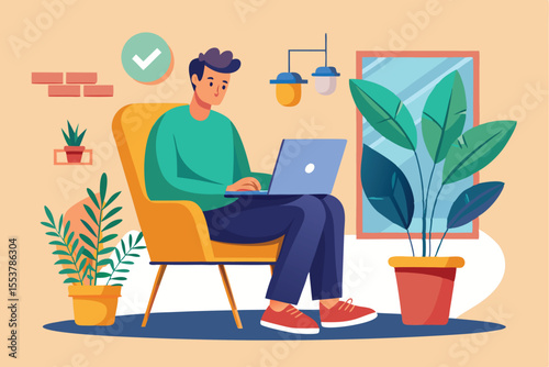 Man working on a laptop while sitting in a chair surrounded by potted plants in a cozy indoor space during daylight